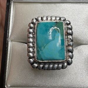 Ring 925 Sterling Silver Genuine Kingman Turquoise Detailed Frame Split Band